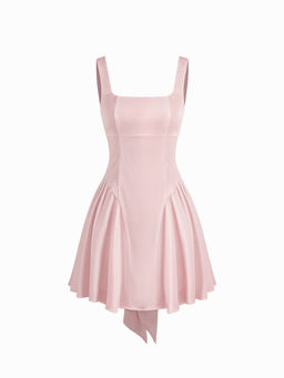 Cider - Satin Square Neck Solid Ruffle Knotted Mini Dress