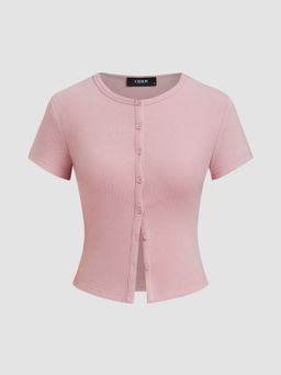 Cider - Round Neckline Solid Button Short Sleeve Top