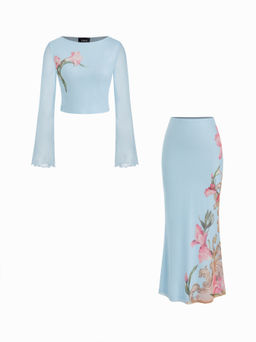 Cider - Mesh Floral Lettuce Trim Crop Top & Mid Rise Ruffle Maxi Skirt Set