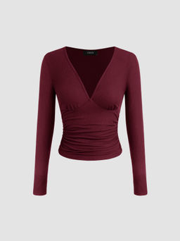 Cider - V-neck Solid Ruched Long Sleeve Tee