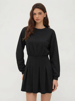 Cider - Round Neckline Pleated Long Sleeve Mini Dress
