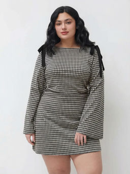 Cider - Cotton-blend Boat Neck Gingham Bowknot Ruched Mini Dress Curve & Plus