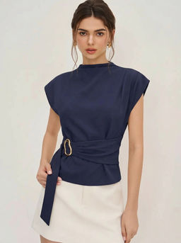 Cider - Stand Collar Belted Short Sleeve Top