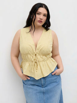 Cider - 100% Cotton V-neck Tie Front Shirred Blouse Curve & Plus