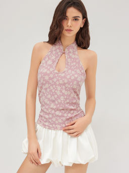 Cider - Jacquard Mandarin Collar Floral Cut Out Ruched Tank Top