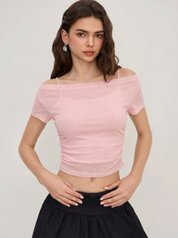 Cider - Off-shoulder Ruched Short Sleeve Tee & Cami Top