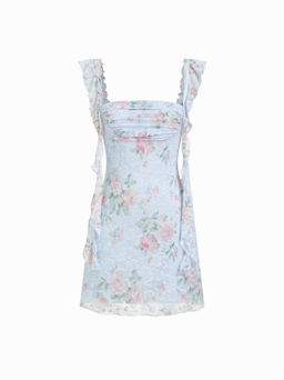 Cider - Square Neck Lace Floral Ruffle Hem Ruched Mini Dress