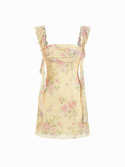 Cider - Square Neck Lace Floral Ruffle Hem Ruched Mini Dress