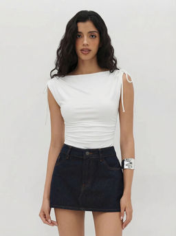 Cider - Asymmetrical Neck Drawstring Ruched Bodysuit