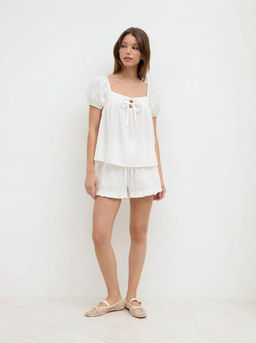 Cider - Cotton-blend Stripe Tie Front Oversized Top & High Rise Lettuce Trim Shorts Set