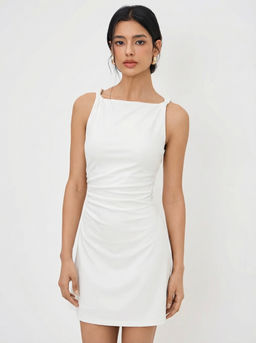 Cider - Boat Neck Twist Ruched Mini Dress