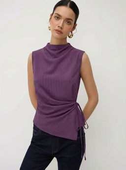 Cider - Stand Collar Texture Ruched Knotted Top