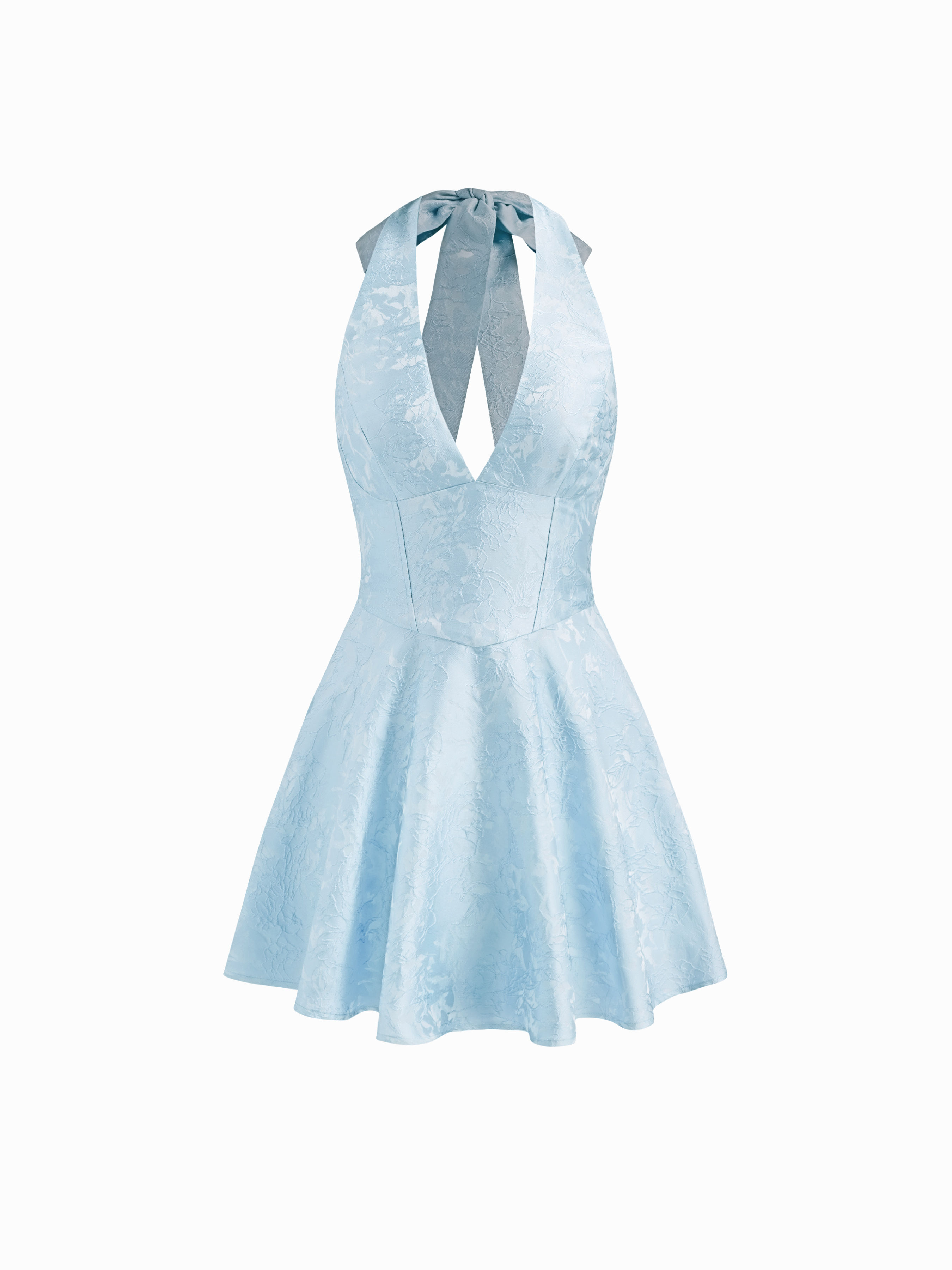 cider Jacquard Halter V-neck Lace Up Backless Ruffle Mini Dress-picture-40