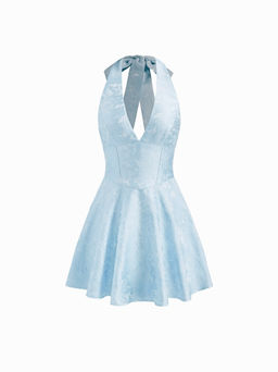 Cider - Jacquard Halter V-neck Lace Up Backless Ruffle Mini Dress