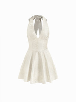 Cider - Jacquard Halter V-neck Lace Up Backless Ruffle Mini Dress