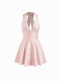 Cider - Jacquard Halter V-neck Lace Up Backless Ruffle Mini Dress