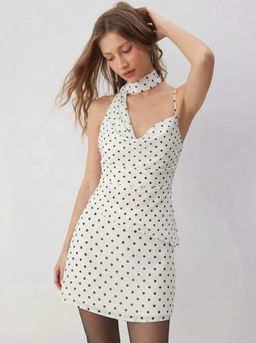 Cider - Cowl Neck Ruched Polka Dot Cami Top With Scarf & Mid Rise Mini Skort Set