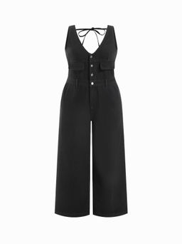 Cider - Denim V-neck Knotted Wide Leg Jumpsuit Curve & Plus