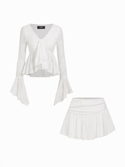 Cider - Lace V-neck Pointelle Bell Sleeve Crop Top With Ruched Mini Skirt Set