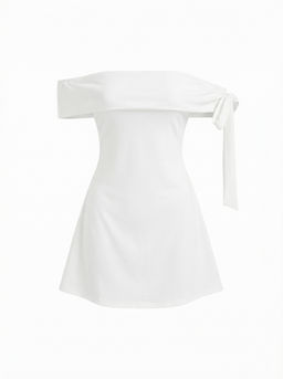 Cider - Jersey Off-shoulder Short Sleeve Bowknot Mini Dress