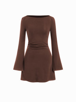 Cider - Cotton-blend Boat Neck Polka Dot Ruched Bell Sleeve Mini Dress