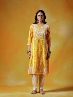 House of Chikankari - Women Jugni Mulmul Chikankari Printed Long Kurta - Yellow