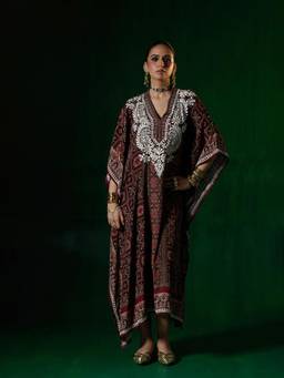 House of Chikankari - Women Brown Crepe Chikankari Kaftan