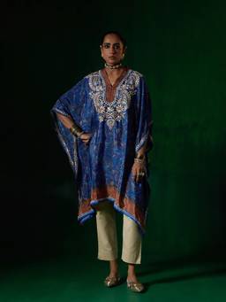 House of Chikankari - Women Blue Crepe Chikankari Kaftan