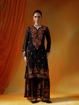 House of Chikankari - Women Black Georgette Chikankari Kurta with Inner and Palazzo