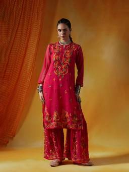 House of Chikankari - Women Pink Georgette Chikankari Kurta with Inner and Palazzo