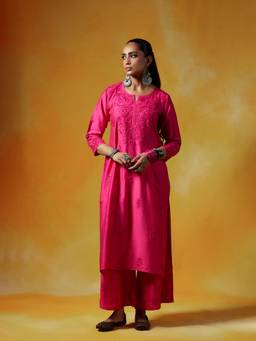 House of Chikankari - Pink Women Chanderi Blend Chikankari Kurta with Palazzo