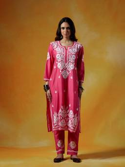 House of Chikankari - Pink Women Chanderi Blend Chikankari Kurta with Pant