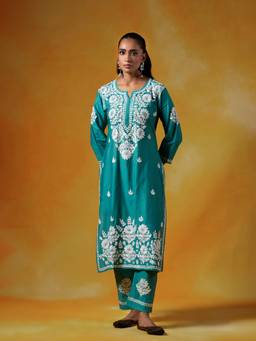 House of Chikankari - Teal Women Chanderi Blend Chikankari Kurta with Pant