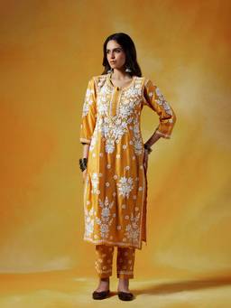 House of Chikankari - Yellow Women Chanderi Blend Chikankari Kurta with Pant
