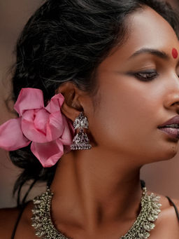 Divas Mantra - 92.5 Silver Oxidised Raindrops Twin Peacock Jhumkis