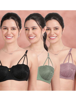 Shyaway - Lace Front Strap Padded Wired Balconette Bra Multi-Color (Pack of 3)