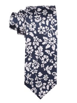 The Tie Hub - Navy Blue With White Floral Silk Necktie
