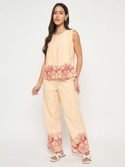 Madame - Women Beige Polyester Round Neck Co-Ord (Set of 2)