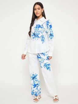 Madame - Women Blue Polyester Collar Neck Co-Ord (Set of 2)