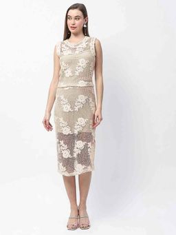 Madame - Women Beige Polyester Round Neck Co-Ord (Set of 2)