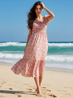 Sera - Women Pink Premium Cotton Floral Printed Midi Boho Dress
