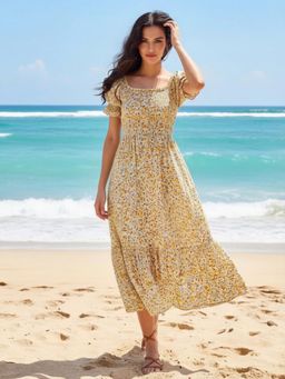 Sera - Women Yellow Premium Cotton Floral Printed Midi Boho Dress