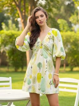 Sera - Women Green-Yellow Premium Cotton Mini Dress