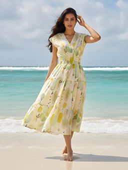 Sera - Women Green-Yellow Premium Cotton Printed Dress