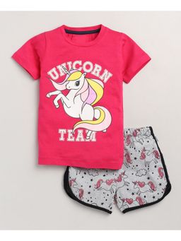 Lazy Shark - Girls Pink and Grey Printed Cotton T-Shirt with Shorts (Set of 2)