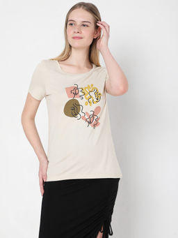 VERO MODA - Women Graphic Beige T-shirt