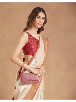 Fabindia - Pink Silk Blend Clutch with Detachable Chain (Small)