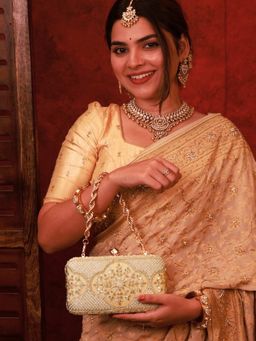 AMYRA - Sehra Pearl Embroidered Clutch-Beige