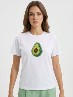 GAIIA - Women White with Green Avocado Motif Regular Fit Cotton Tshirts