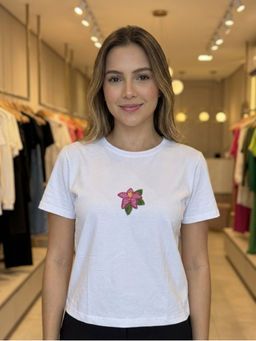 GAIIA - Women White with Pink Floral Motif Embellished Regular Fit T-Shirt